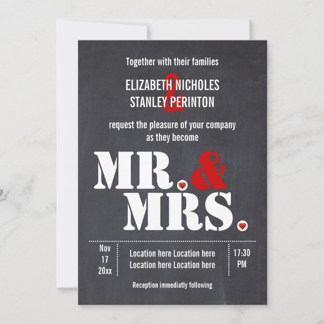 Invitation M. et Mme Typographie moderne mariage rouge noir (Devant)