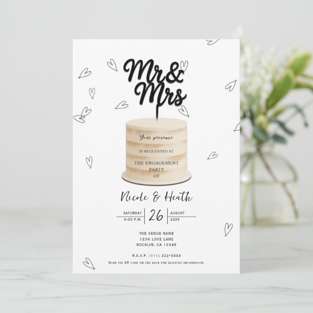 Invitation M. & Mme Cake & Hearts Fiançailles noir blanc (Debout devant)
