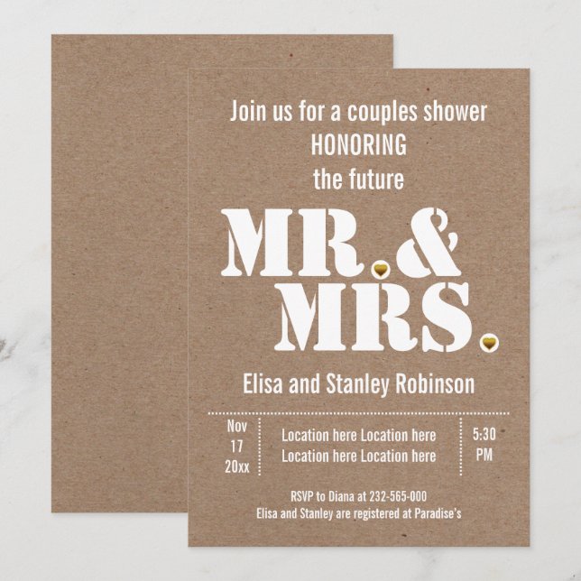 Invitation M. & Mme typographie kraft wedding shower papier (Devant / Derrière)