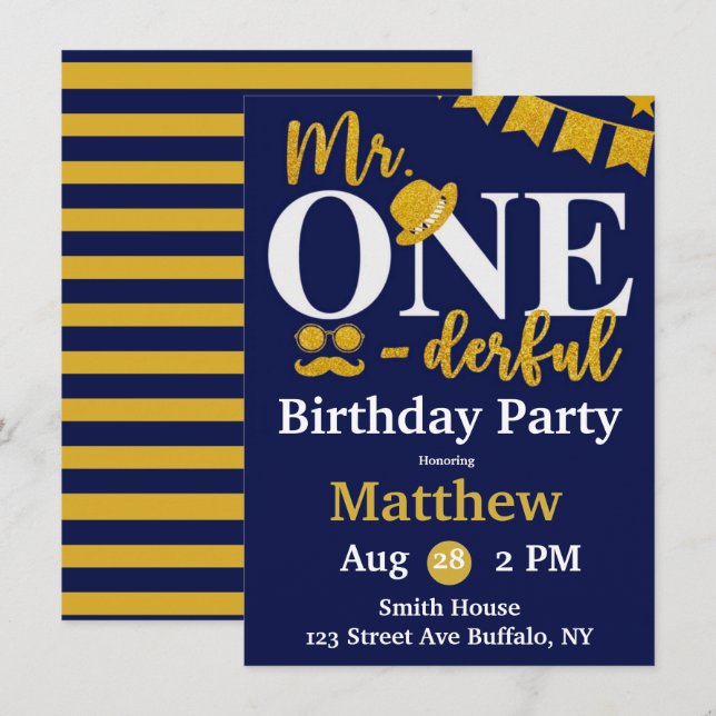 Invitation M. One-derful Navy et Gold Birthday Party Invita (Devant / Derrière)