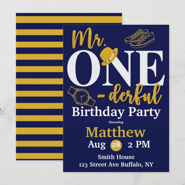 Invitation M. One-derful Navy et Gold Birthday Party Invita (Devant / Derrière)