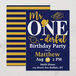 Invitation M. One-derful Navy et Gold Birthday Party Invita