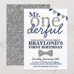 Invitation M. Onederful Birthday Invitation, Blue & Silver