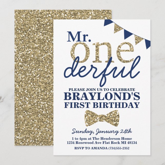 Invitation M. Onederful Blue and Gold First Birthday Invitati (Devant / Derrière)