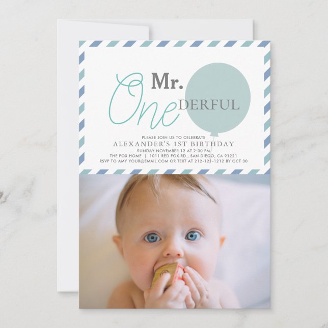 Invitation M. ONEderful Blue Balloon Photo 1er anniversaire (Devant)