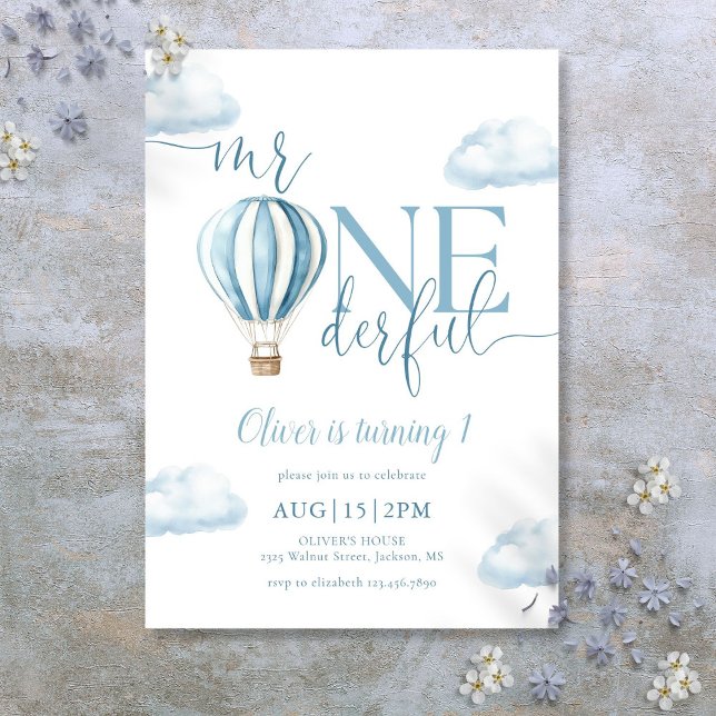 Invitation M. Onederful Blue Hot Air Balloon Boy 1er annivers (Mr Onederful Blue Hot Air Balloon Boy 1st Birthday Invitation)