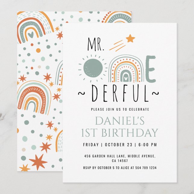 Invitation M. Onederful Boho Arc-en-ciel premier enfant (Devant / Derrière)