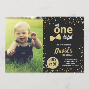 Invitation M. Onederful Gold Boy 1er anniversaire avec photo