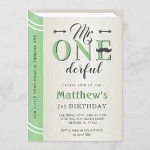 Invitation M. Onederful Green Mustache 1er Anniversaire