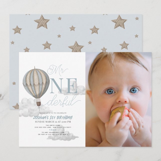Invitation M. Onederful Hot Air Balloon 1er Anniversaire Phot (Devant / Derrière)