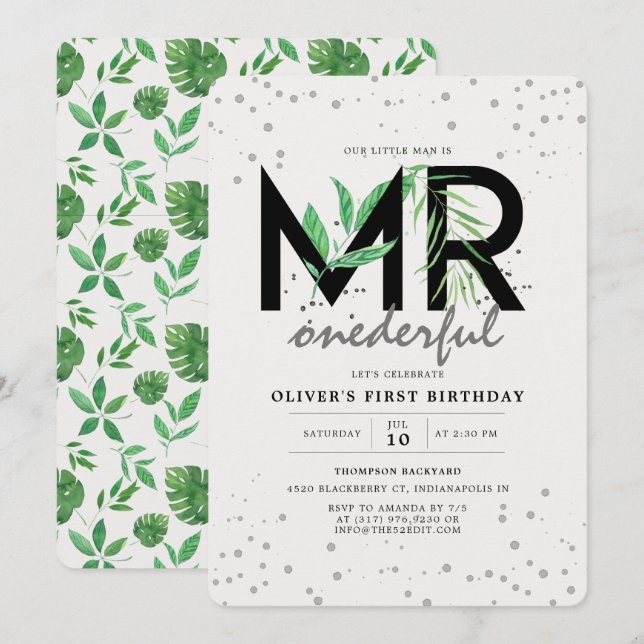 Invitation M. Onederful Tropical Greenery Moderne 1er anniver (Devant / Derrière)