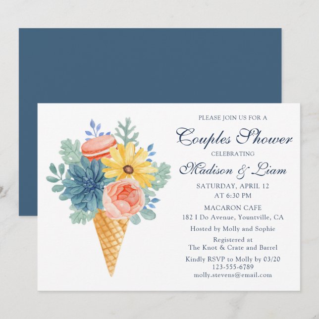 Invitation Macaron floral Succulent | Douche Couples (Devant / Derrière)