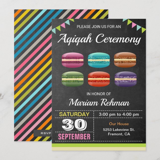 Invitation Macarons doux mignons Aqeeqah | Cérémonie d'Aqiqah (Devant / Derrière)