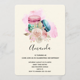 Invitation Macarons et Fleurs Aquarelle Colorés Anniversaire