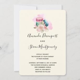 Invitation Macarons et fleurs aquarelle mariage