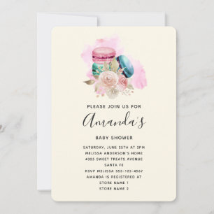 Invitation Macarons et fleurs Baby shower d'aquarelle