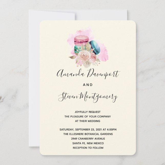 Invitation Macarons et fleurs Mariage d'aquarelle (Devant)