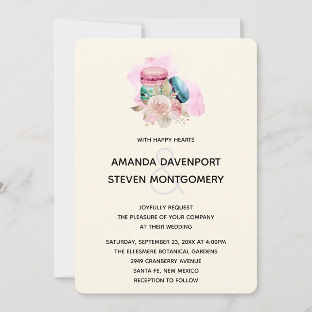 Invitation Macarons et fleurs Mariage d'aquarelle (Devant)