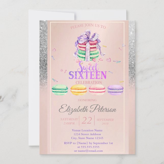 Invitation Macarons Parties scintillant Argent Bokeh Sweet 16 (Devant)