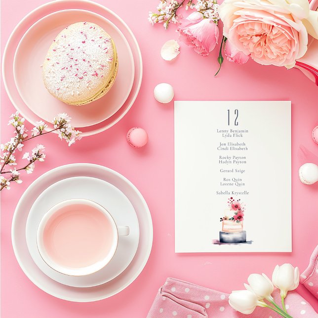Invitation Macarons Pastel Moderne Numéro de tableau Tableau  (Wedding table number card with watercolor floral cake and elegant guest list.)