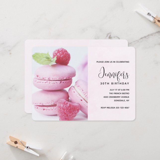 Invitation Macarons roses avec framboises rouges Anniversaire (Devant/Arrière en situation)