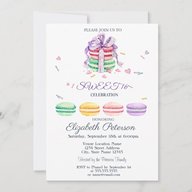 Invitation Macarons Zigzag Français Sweet 16 (Devant)