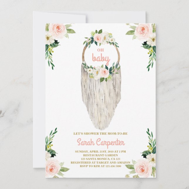 Invitation Macrame baby shower, fille invitée (Devant)