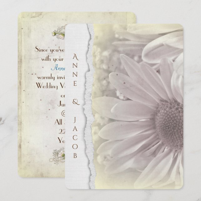 Invitation macro marguerite jaune pâle sur papier déchiré (Devant / Derrière)