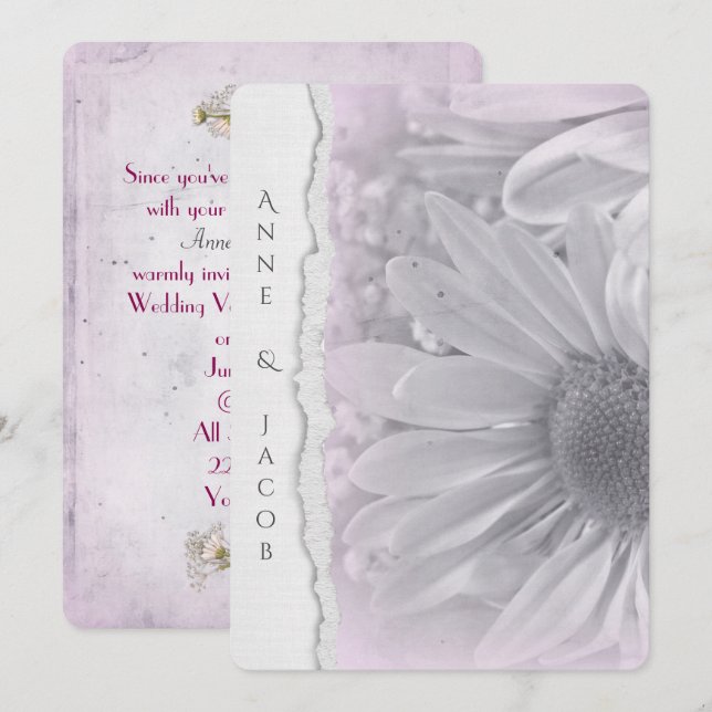 Invitation macro marguerite rose pâle sur papier déchiré (Devant / Derrière)