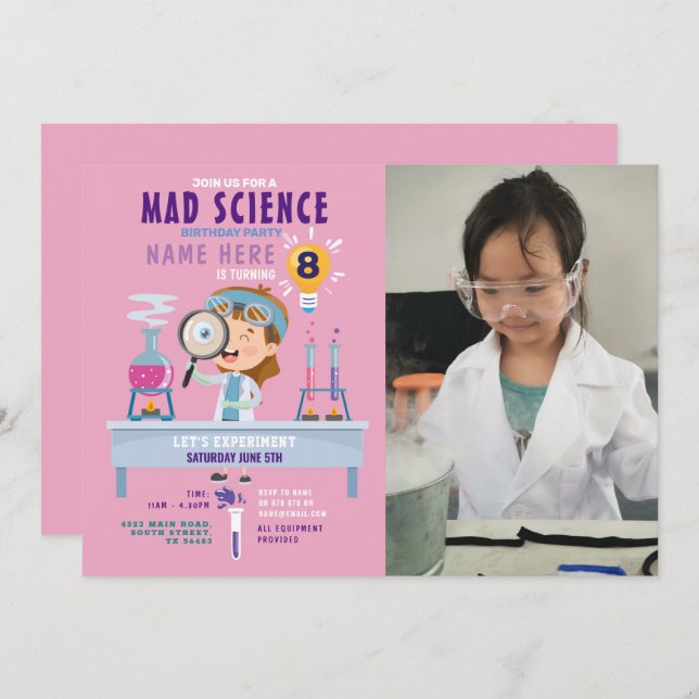 Invitation Mad Science Anniversaire Fête Expérience Filles Ro (Devant / Derrière)