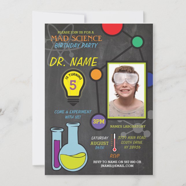 Invitation Mad Science Boys filles Anniversaire Atoms Invitat (Devant)
