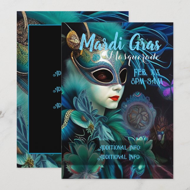 Invitation Madame Masquerade Turquoise (Devant / Derrière)