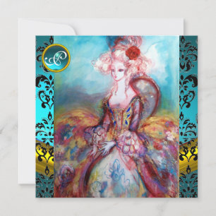 INVITATION MADAME POMPADOUR, BLEU BLACK DAMASK FLOWUR MONOGRA