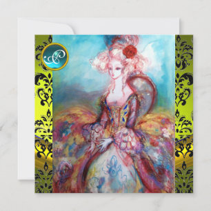 INVITATION MADAME POMPADOUR , JAUNE DAMAS NOIR MONOGRAMME