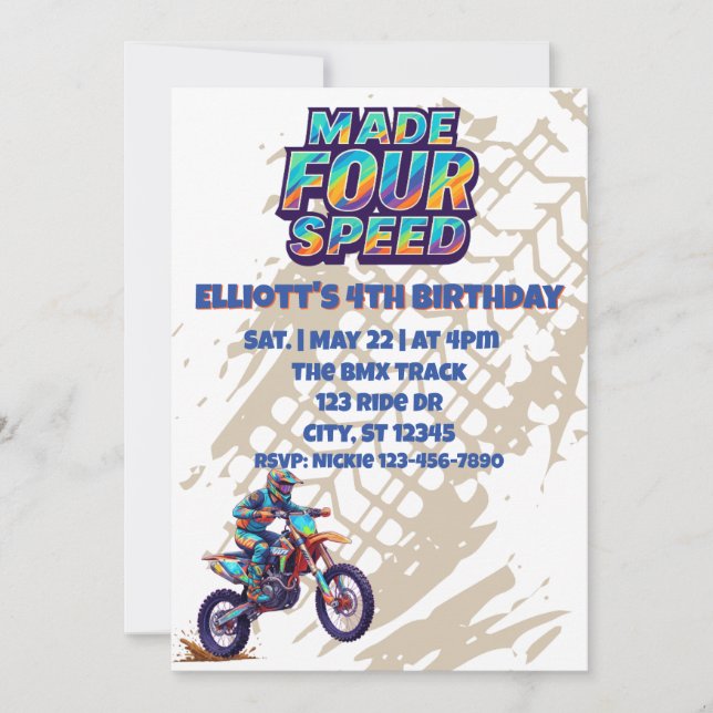 Invitation Made FOUR Speed, dirt bike 4th Birthday (Devant)