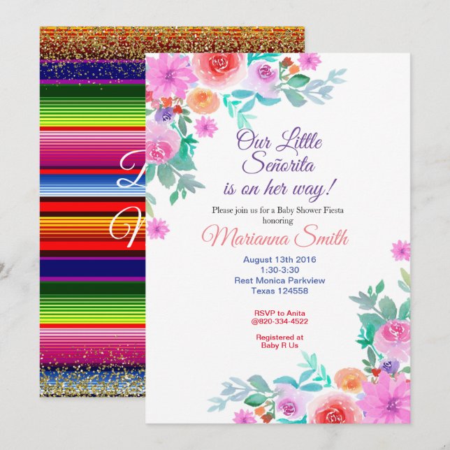 Invitation Mademoiselle Fête Florale Baby Shower Fille Dorée (Devant / Derrière)