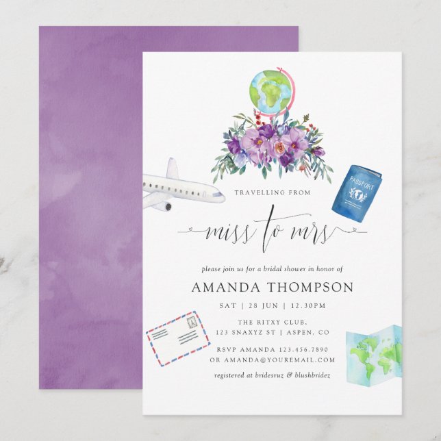 Invitation Mademoiselle Florale Violet À Mme Fête des mariées (Devant / Derrière)