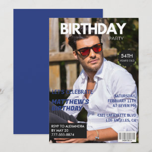 Invitation Magazine Bleu marine Photo Drôle 54e anniversaire
