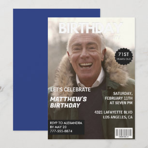 Invitation Magazine Bleu marine Photo Drôle 71e anniversaire