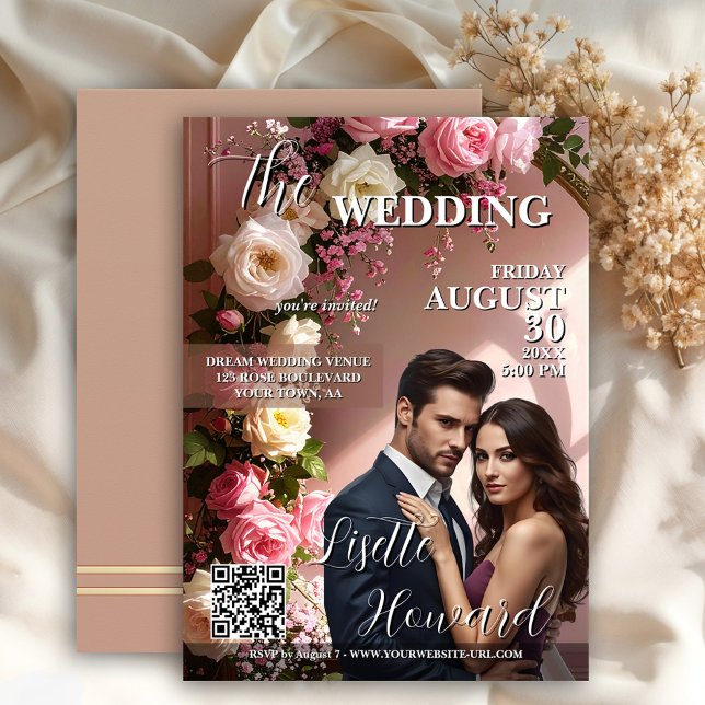 Invitation Magazine Cover Glam Wedding (Elegant wedding invitation in retro magazine cover style.= with pink floral rose arch)