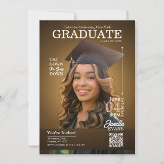 Invitation Magazine Cover Graduation Cap Gown Gold