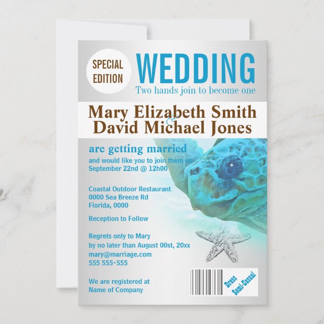 Invitation Magazine de mariage de la tortue de mer PERSONNALI (Devant)