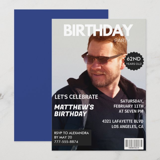 Invitation Magazine Marine bleu Photo Funny 62e anniversaire (Devant / Derrière)
