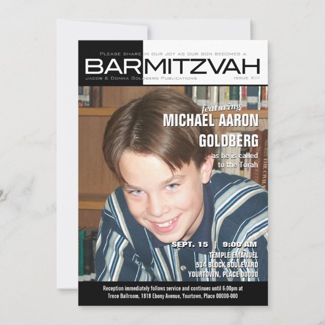 Invitation Magazine noir et blanc de Mitzvah de barre de bloc (Devant)
