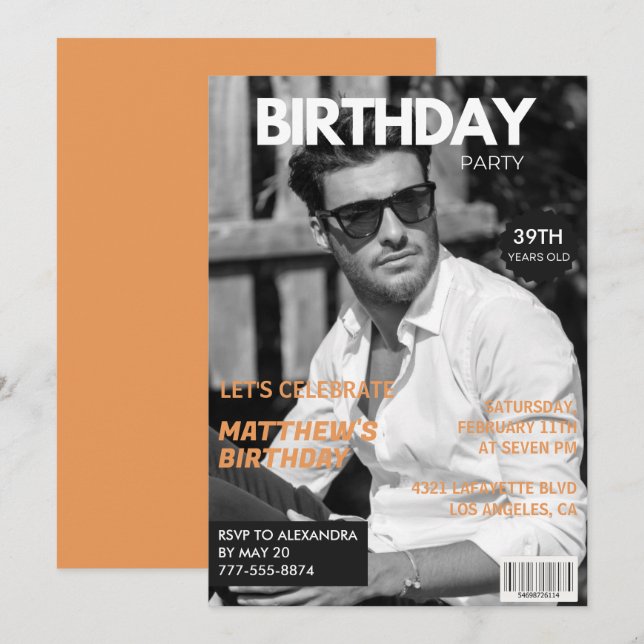 Invitation Magazine noir et blanc Editorial 39e anniversaire (Devant / Derrière)