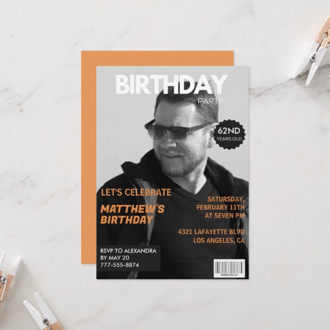 Invitation Magazine noir et blanc Éditorial 62e anniversaire (Devant/Arrière en situation)