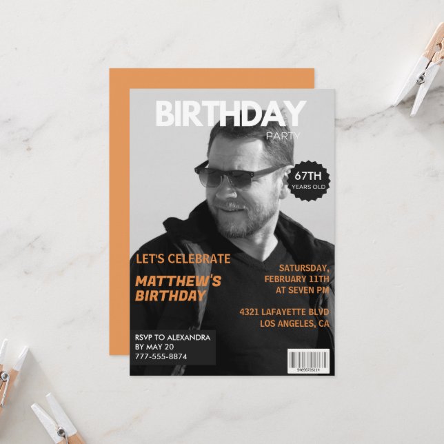 Invitation Magazine noir et blanc Éditorial 67e anniversaire (Devant/Arrière en situation)