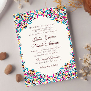 Invitation Magenta Bleu Jaune Fantaisiste Floral Mariage