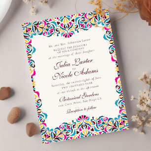 Invitation Magenta Bleu Jaune Fantaisiste Floral Mariage