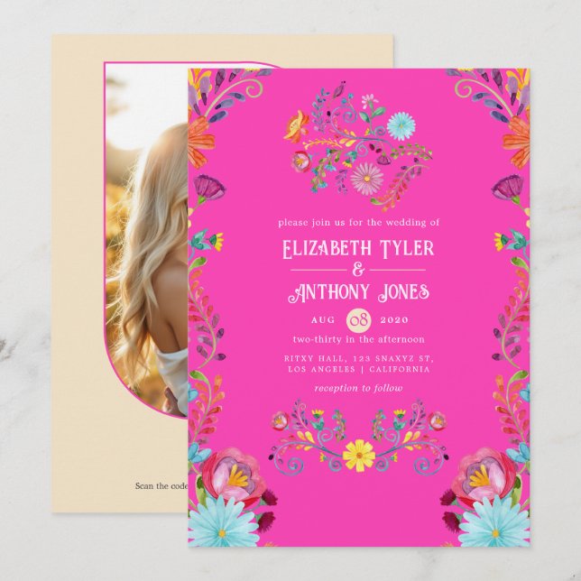 Invitation Magenta & Champagne Floral Mexican Fiesta Wedding (Devant / Derrière)